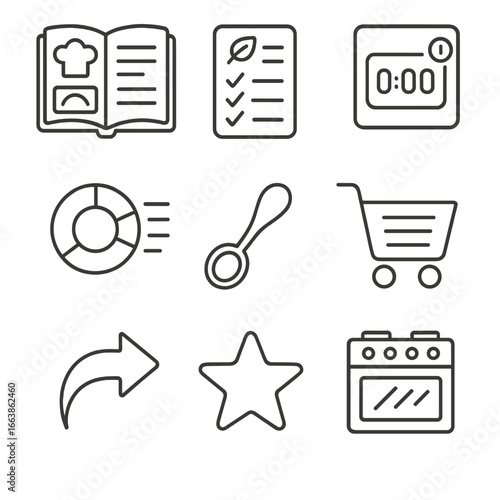 Mobile App Icons. Outline style icons of Mobile App: recipe book page, ingredient checklist, step-by-step timer, nutrition info