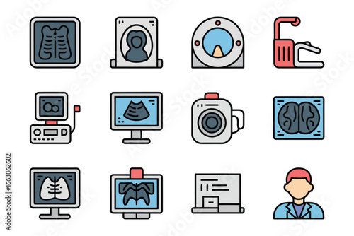 Medical Imaging Technology and Healthcare Professionals Diagnostic Tools and Doctor Illustration Collection