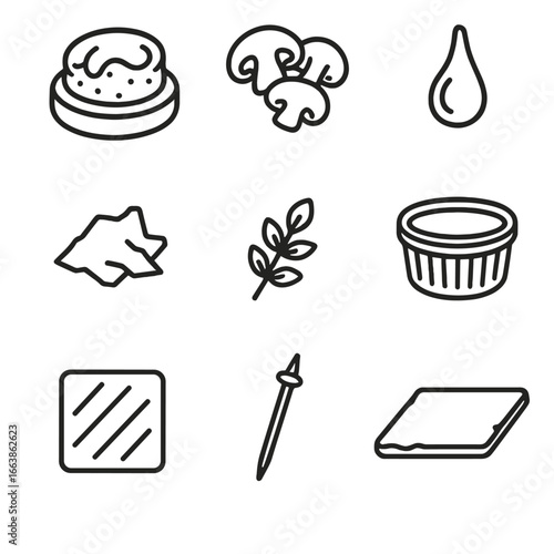 Mini Appetizer Icons. Outline style icons of Mini Appetizers: polenta round, mushroom ragout, truffle oil drizzle, parmesan shred,