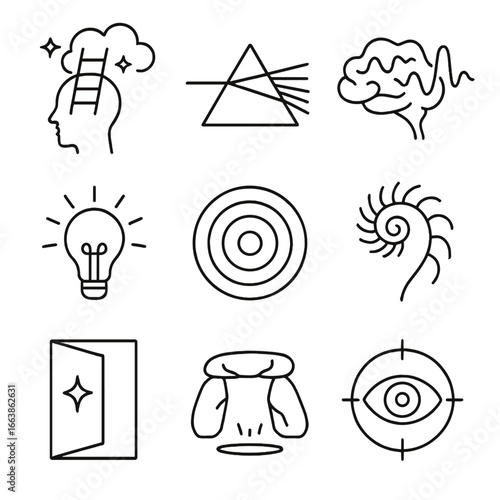 Mind Expansion Icons. Outline style icons of Mind Expansion: cosmic dream ladder, prism refraction stripe, neural pulse wave,