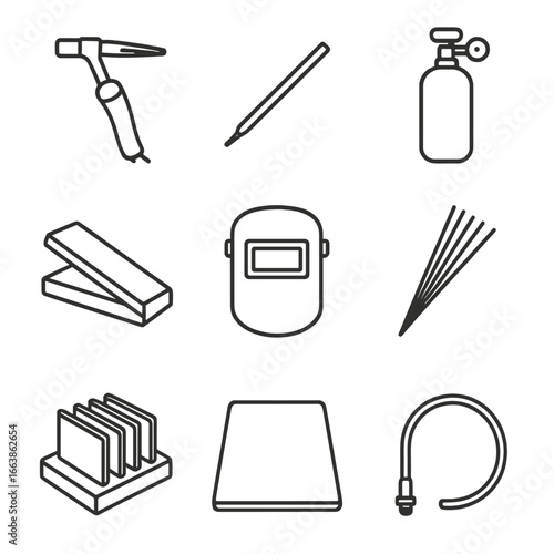 Metalworking Tool Icons. Outline style icons of Metalworking Tool: TIG torch, tungsten electrode, foot pedal control, argon gas