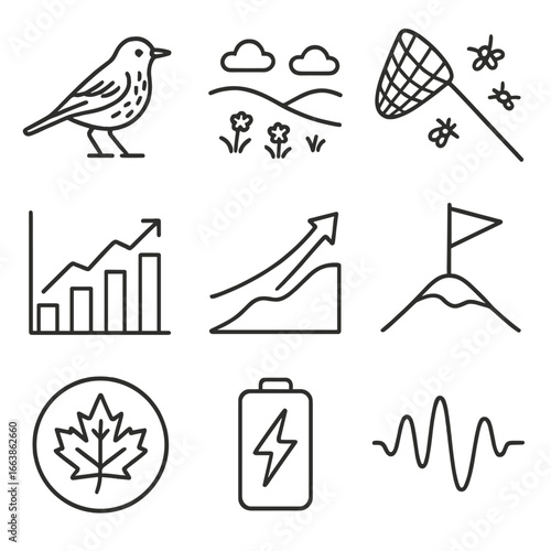 Migratory Bird Icons. Outline style icons of Migratory Birds: red-throated pipit, alpine meadow, insect sweep line, altitude chart
