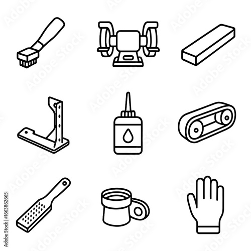 Metalworking Tools Icons. Outline style icons of Metalworking Tool: grinding wheel dresser, bench grinder rest, honing stone,