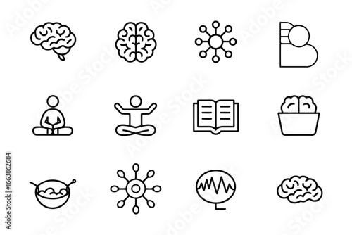 Collection of Mindfulness Mental Health and Wellness Icons for Promoting Wellbeing and Cognitive Enhancement