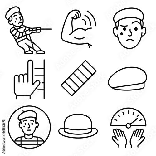 Mime Performance Icons. Outline style icons of Mime: rope pulling scene, strained muscle line, concentric force waves, arched