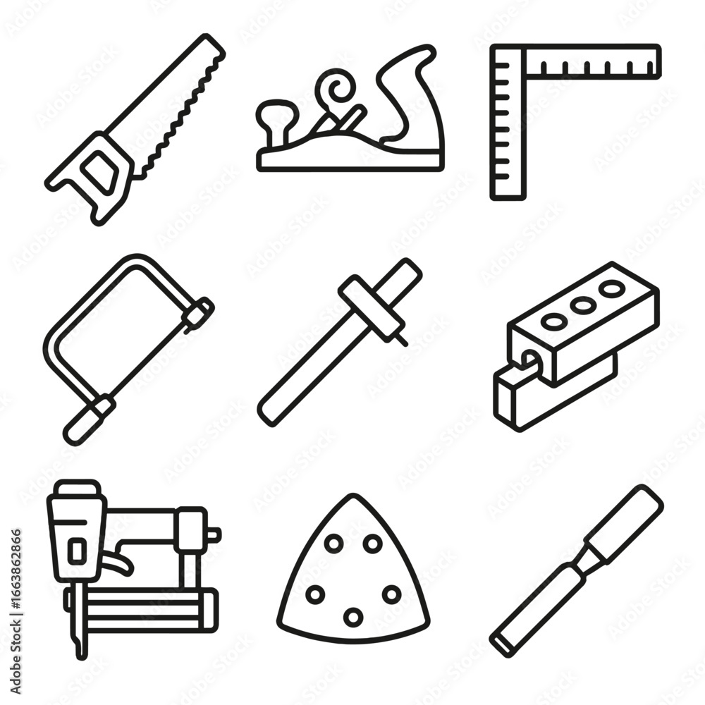 Obraz premium Carpentry Tools Icons. Line style icons of carpentry tools: hand saw, wood plane, carpenter square, coping saw, marking gauge,