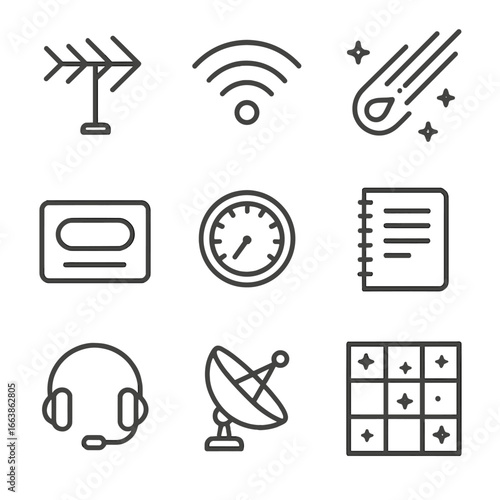 Meteor Shower Icons. Outline style icons of Meteor Shower: ham radio antenna, signal wave arc, meteor burst communication, call