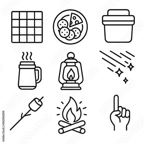 Meteor Shower Picnic. Outline style icons of Meteor Shower: picnic blanket grid, cheese cracker plate, insulated cooler box,