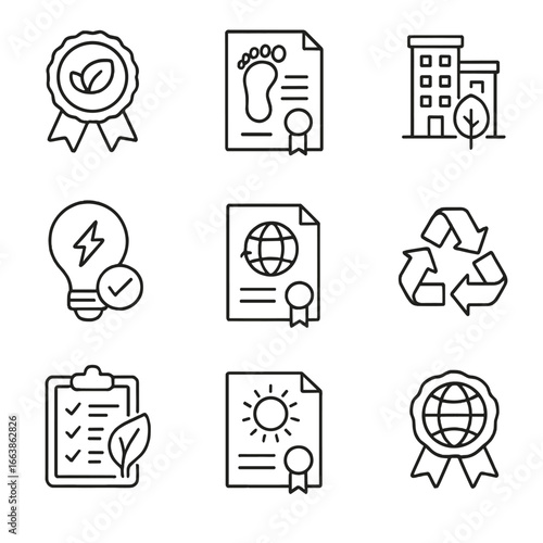 Eco Certification Icons. Line style icons of environmental and sustainability certificates: eco compliance badge, carbon footprint