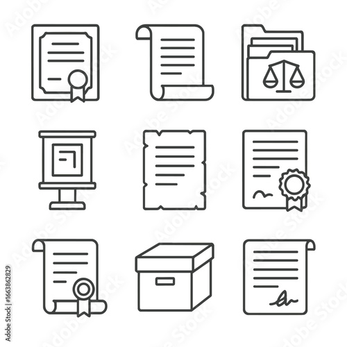 Historical Document Icons. Line style icons of archival and historical documents: archived certificate icon, old record scroll,