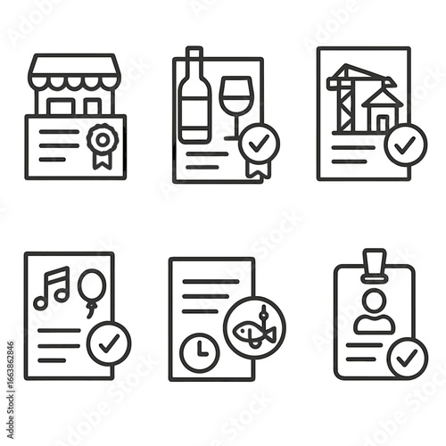 License and Permit Icons. Line style icons of licensing and permits: business operation license, liquor license document, building