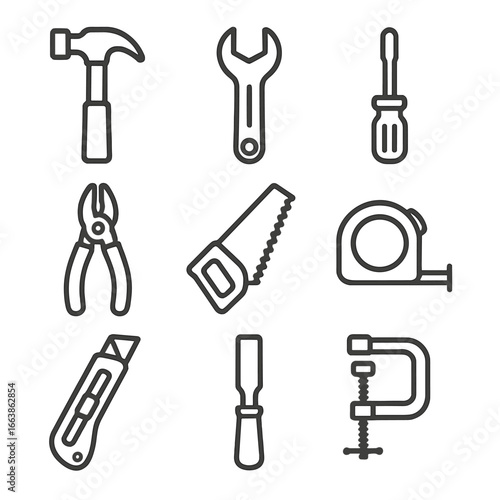 Construction Tools Icons. Line style icons of construction tools: hammer, wrench, screwdriver, pliers, handsaw, tape measure,