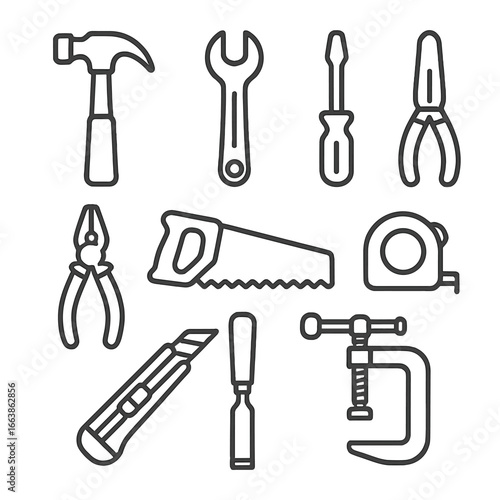 Construction Tools Icons. Line style icons of construction tools: hammer, wrench, screwdriver, pliers, handsaw, tape measure,