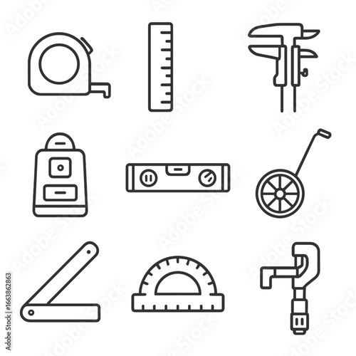 Measuring Tools Icons. Line style icons of measuring tools: tape measure, ruler, caliper, laser level, bubble level, measuring