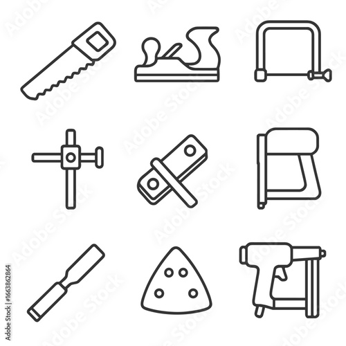 Carpentry Tools Icons. Line style icons of carpentry tools: hand saw, wood plane, carpenter square, coping saw, marking gauge,