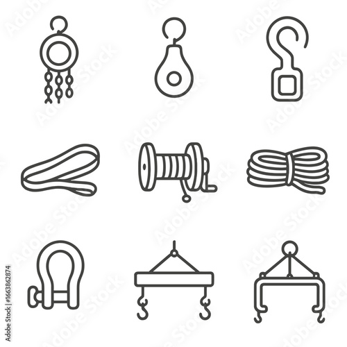 Lifting Equipment Icons. Line style icons of lifting and rigging equipment: chain hoist, pulley, lifting hook, sling strap, winch,