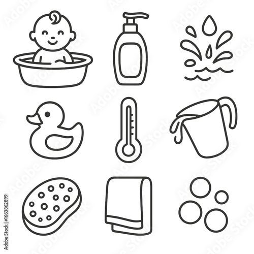 Baby Bath Icons. Line style icons of baby bath time: baby in tub, shampoo bottle, water splash, rubber duck, bath thermometer,