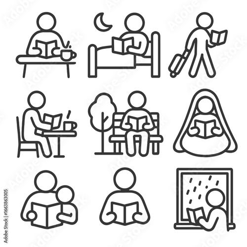 Reading Culture Icons. Line style icons of reading culture habits: morning reading, bedtime book, travel with book, café reader,