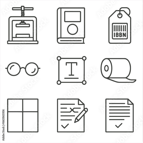 Bookmaking Icons Collection. Line style icons of bookmaking and publishing: press machine, cover design icon, ISBN tag,