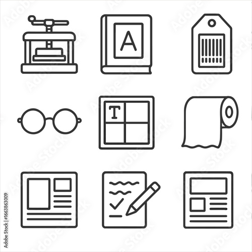 Bookmaking Icons Collection. Line style icons of bookmaking and publishing: press machine, cover design icon, ISBN tag,