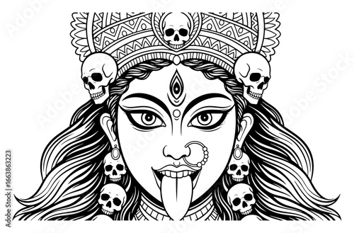 Goddess Kali fierce face with skull garland and protruding tongue vector illustration