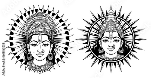 Surya sun god and Hindu goddess faces with radiant halos vector illustration