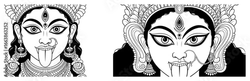 Fierce faces of Hindu Goddess Kali vector illustration set