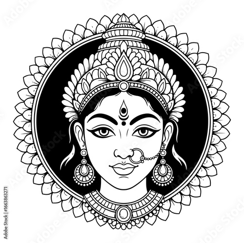 Hindu Goddess Durga face in an ornate circular frame vector
