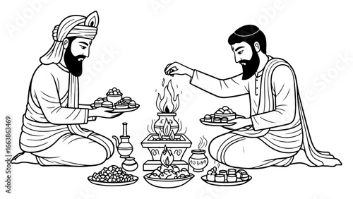 Hindu priests performing havan fire ritual with offerings vector illustration