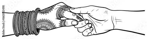 Indian wedding bride mehndi hand holding groom hand vector illustration