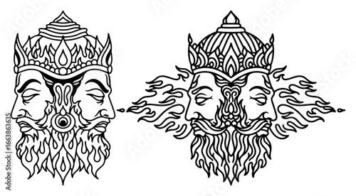 Hindu god of fire Agni with three faces vector illustration