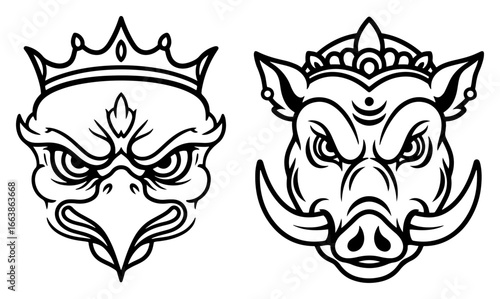 Garuda and Varaha crowned heads Hindu mythological vector illustration