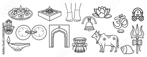A set of various Hindu religious symbols for puja and worship