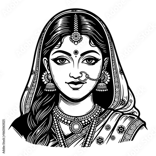Beautiful Indian woman in traditional saree and jewelry vector portrait