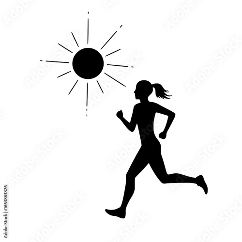 Silhouette of woman running outdoors under bright sun  