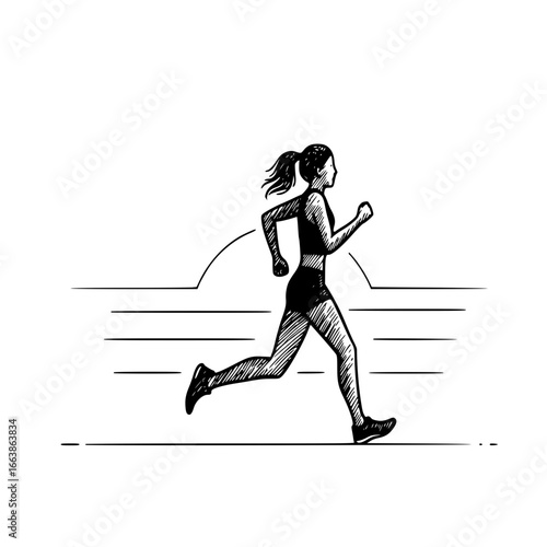 Vector icon - young woman running swiftly in athletic gear with motion lines  