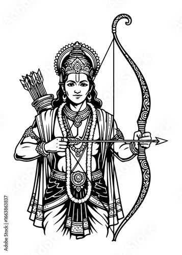 The Hindu god Lord Rama with his bow and arrow vector line art