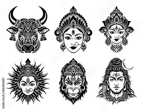 Hindu gods and goddesses face stencil vector set