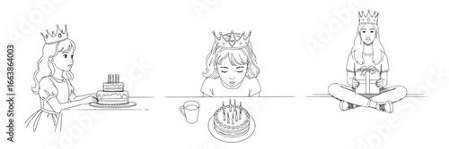birthday girl wearing princess crown - Cartoon vector  illustrations set 
