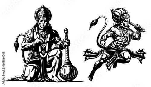 Vector illustration set of the Hindu monkey god Hanuman in different poses