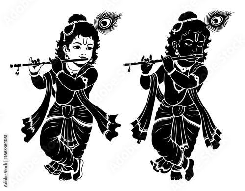 Lord Krishna playing flute silhouette vector illustration