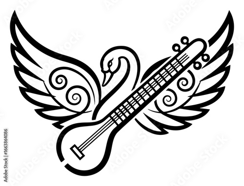 Saraswati veena with swan wings line art vector