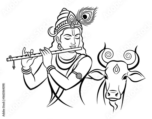 Lord Krishna playing flute with cow line art vector