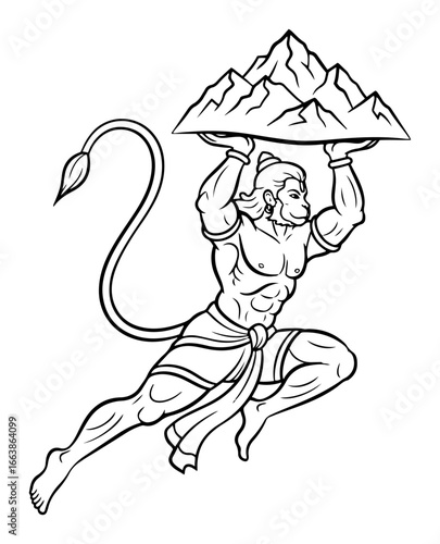 Lord Hanuman carrying mountain line art vector