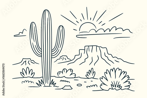 Hand-Sketched Vintage Ink Drawing of Western Desert Illustration with Saguaro Cacti, Mesas, Sun, Clouds, Rocks in Southwestern Style
