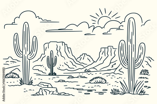 Hand-Sketched Vintage Ink Drawing of Western Desert Illustration with Saguaro Cacti, Mesas, Sun, Clouds, Rocks in Southwestern Style