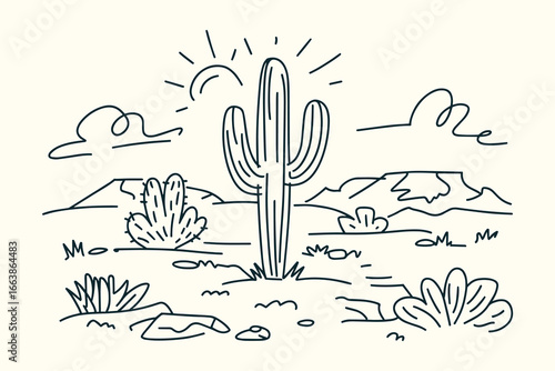 Hand-Sketched Vintage Ink Drawing of Western Desert Illustration with Saguaro Cacti, Mesas, Sun, Clouds, Rocks in Southwestern Style