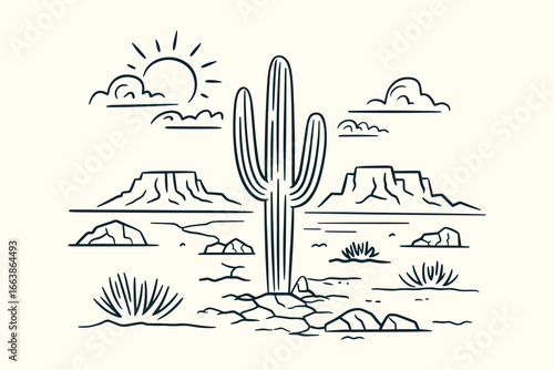 Hand-Sketched Vintage Ink Drawing of Western Desert Illustration with Saguaro Cacti, Mesas, Sun, Clouds, Rocks in Southwestern Style