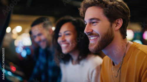 Wallpaper Mural Retro Arcade Fun with Friends in Neon-lit Hall Torontodigital.ca