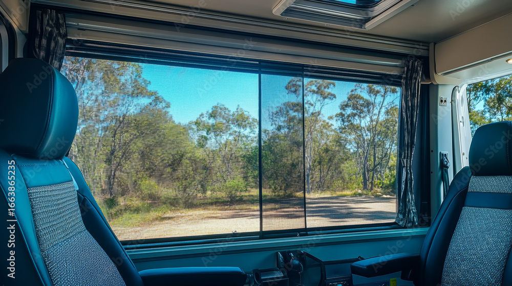 Fototapeta premium Safety and Bug Control Install window screens to keep insects out. Use magnetic mesh screen covers for vans or caravans. Close everything again before sunrise to trap the cool air inside.